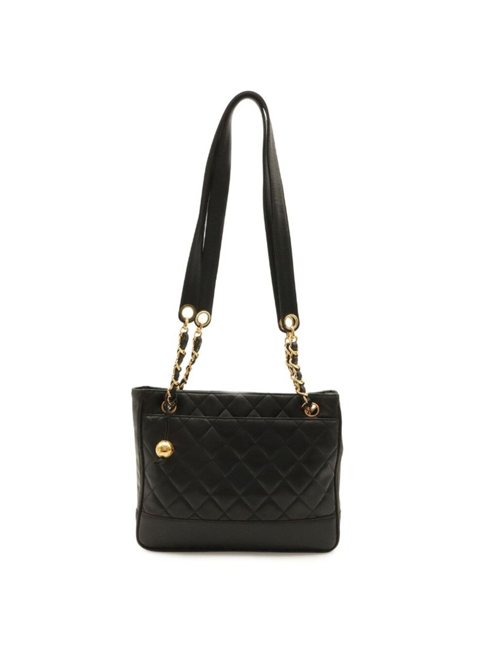 Chanel Quilted Coco Ball Chain Tote Shoulder Bag Lambskin Leather Black Gold